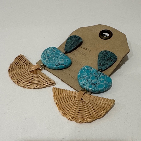 Anthropologie Turquoise and Rattan Statement Earrings - Picture 6 of 6